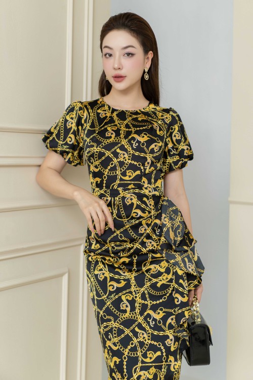 Sixdo Black Baroque Print Silk Midi Dress